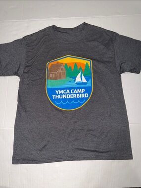 YMC Heather Gray Camp Thunderbird Badge Tee with Multicolor Graphic